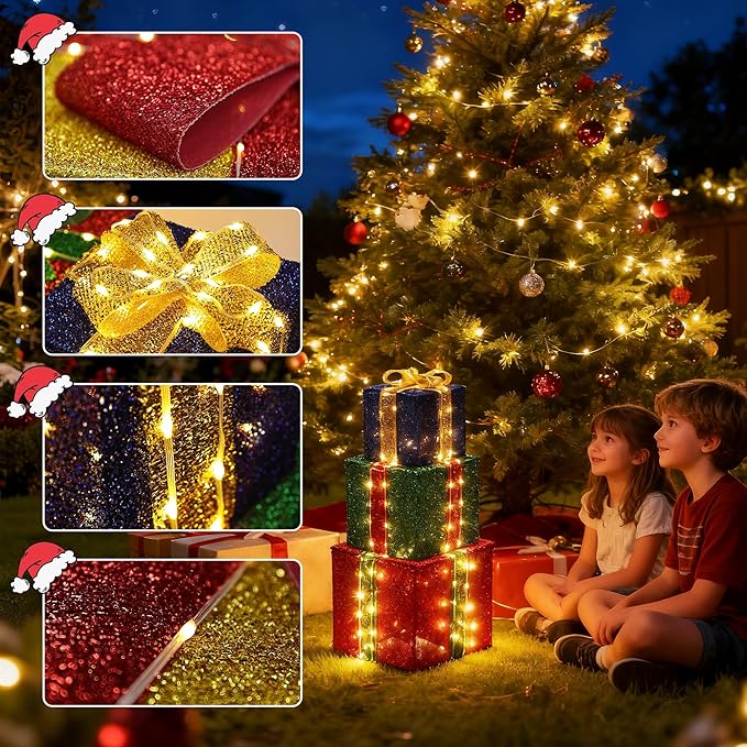 Set of 3 Christmas Lighted Gift Boxes - Pre lit Presents Christmas Boxes with Different Sizes for Holiday Indoor Outdoor Decoration (Warm White, Small)