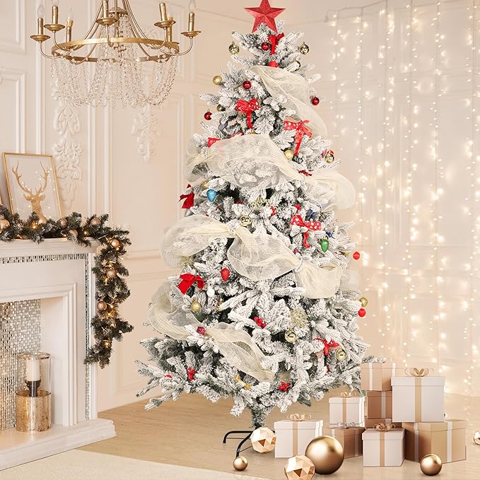 7FT Artificial Luxury Christmas Tree, Xmas Tree with 1300+ PE Branch Tips, Pine Cones & Metal Base, Snow-Flocked Hinged Tree for Home Office Party Festival Holiday Decor