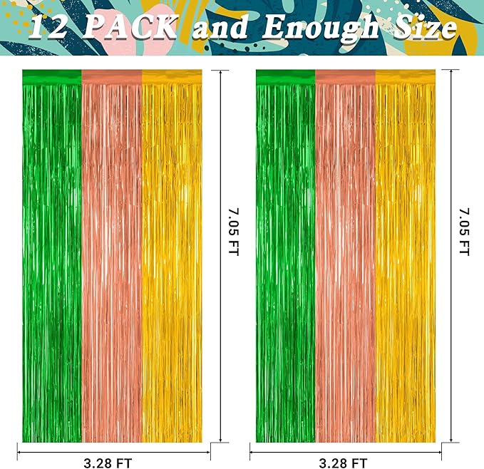 12 Pack Hawaiian Party Decorations, 3.28 FT x 7.05 FT Luau Party Decorations, Green Brown Yellow Luau Backdrop Fringe Curtains Foil Streamer, Metallic Summer Decor Luau Party Supplies