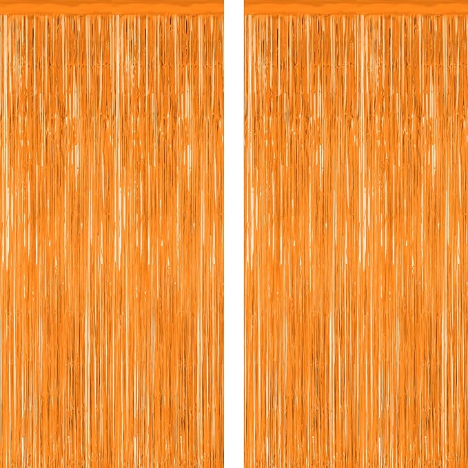 2 Pack Backdrop Curtains, 3.28 FT x 7.05 FT Orange Color Tinsel Backdrop, Metallic Party Streamer Fringe Curtains, Foil Curtains Halloween Decor Birthday Party Supplies