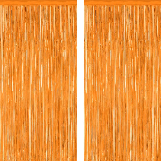 2 Pack Backdrop Curtains, 3.28 FT x 7.05 FT Orange Color Tinsel Backdrop, Metallic Party Streamer Fringe Curtains, Foil Curtains Halloween Decor Birthday Party Supplies