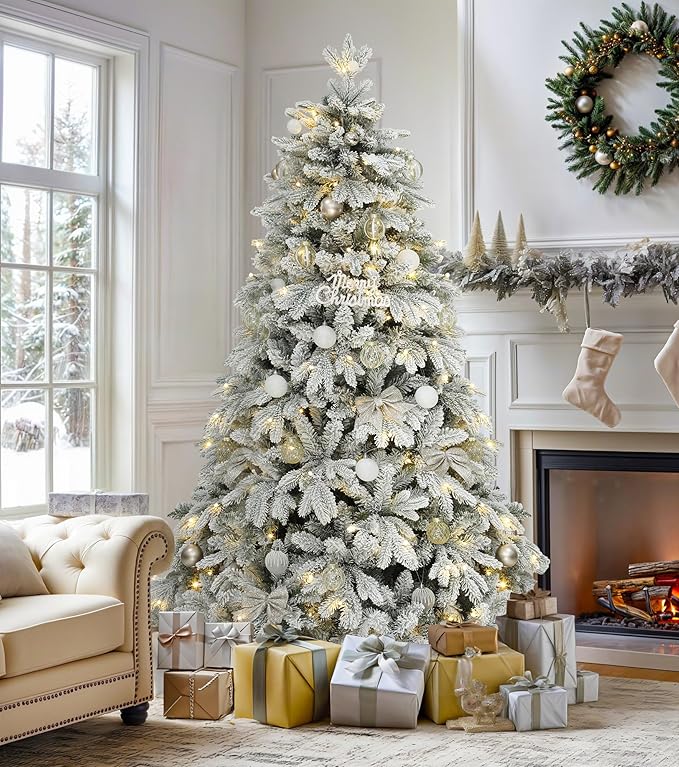 DWVO 6ft Pre-Lit Snow Flocked Artificial Christmas Tree, Luxurious Canaan Fir Design with 1225 PE & PVC Branch Tips, 260 Lights for Colorful Home and Office Holiday Decoration