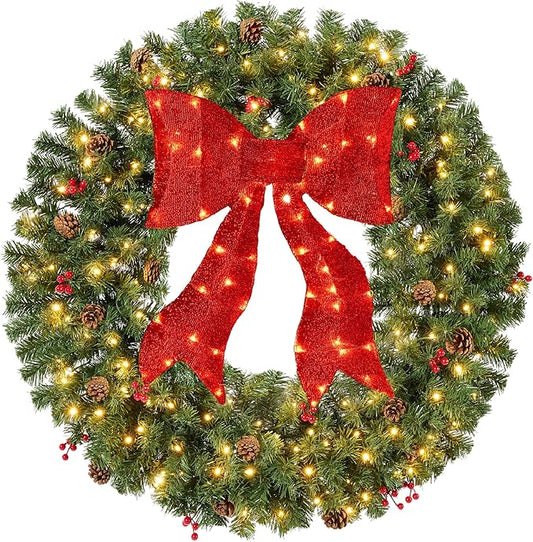 Best Choice Products 30in Pre-Lit Christmas Wreath w/Berries & Pinecones, Large Artificial Indoor/Outdoor Decor for Door, Mantel w/Red Bow, Plug-in