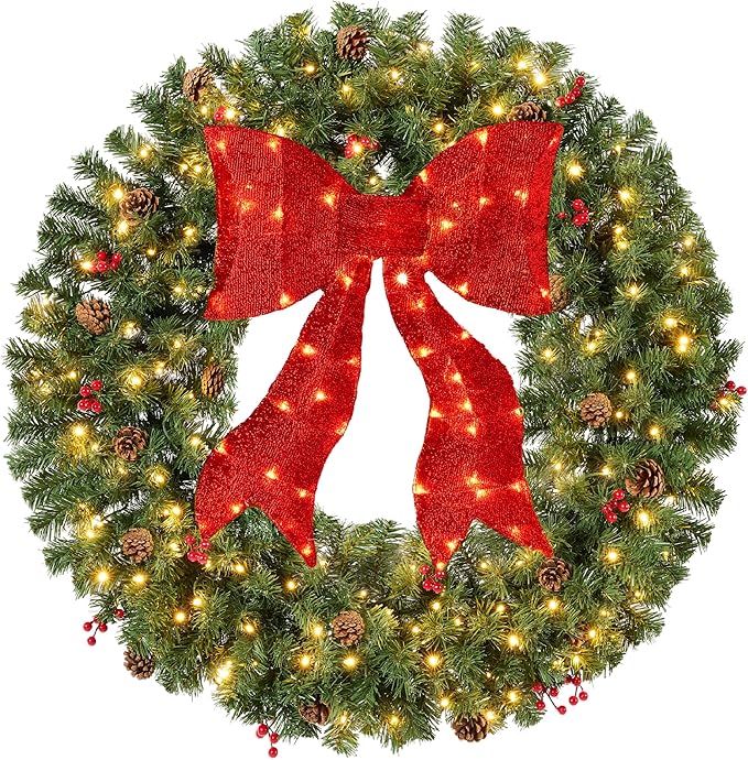 Best Choice Products 48in Pre-Lit Christmas Wreath w/Berries & Pinecones, Large Artificial Indoor/Outdoor Decor for Door, Mantel w/Red Bow, Plug-in