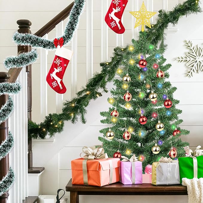 3 Ft Premium Green Christmas Tree Dual Color Change 12 Modes Timer DIY 50 Warm White & Colored Lights 15 Ball Ornaments Star Battery Operated Small Artificial Full Xmas Tree Table Indoor Holiday Decor