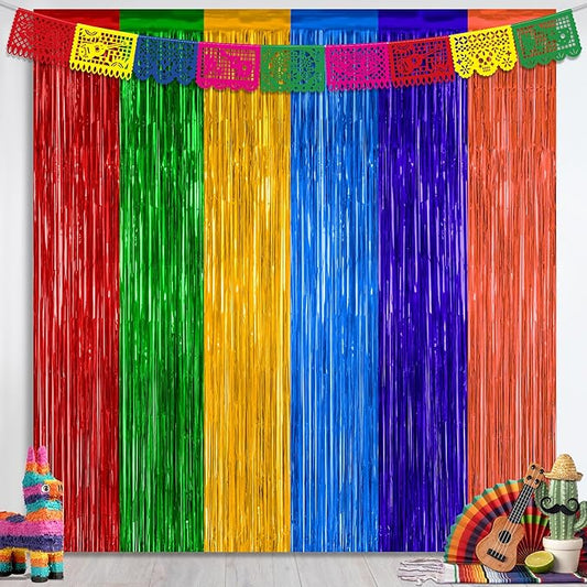 2 Pack Cinco De Mayo Decorations, 3.28 FT x 7.05 FT Fiesta Rainbow Backdrop, Mexican Style Fringe Curtains Tinsel Backdrop Party Streamer, Metallic Taco Party Decorations Mexican Decor