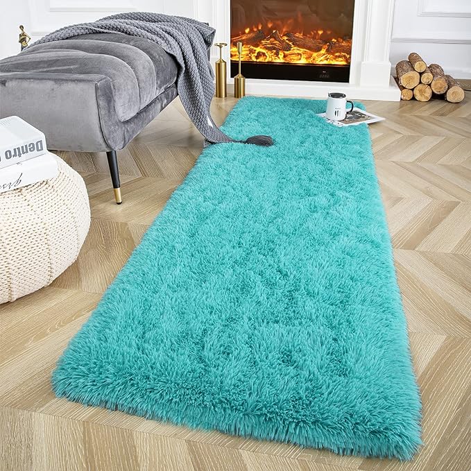Ompaa Fluffy Runner Rugs, 2x4 Feet Teal Blue, Super Soft Shaggy Carpet Fuzzy Long Fur Rug for Bedroom Living Room Dorm, Plush Kids Playroom Baby Girls Nursery Decor Mats