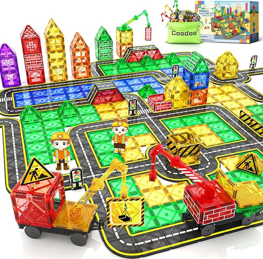 100 PCS Magnetic Tiles Road Set with 3 Cranes & 2 Cars - Magnetic Blocks City Construction Building Toys for 3+ Year Old Boys Girls Ideal Preschool Learning Outdoor Creative Toddler Kids Toys