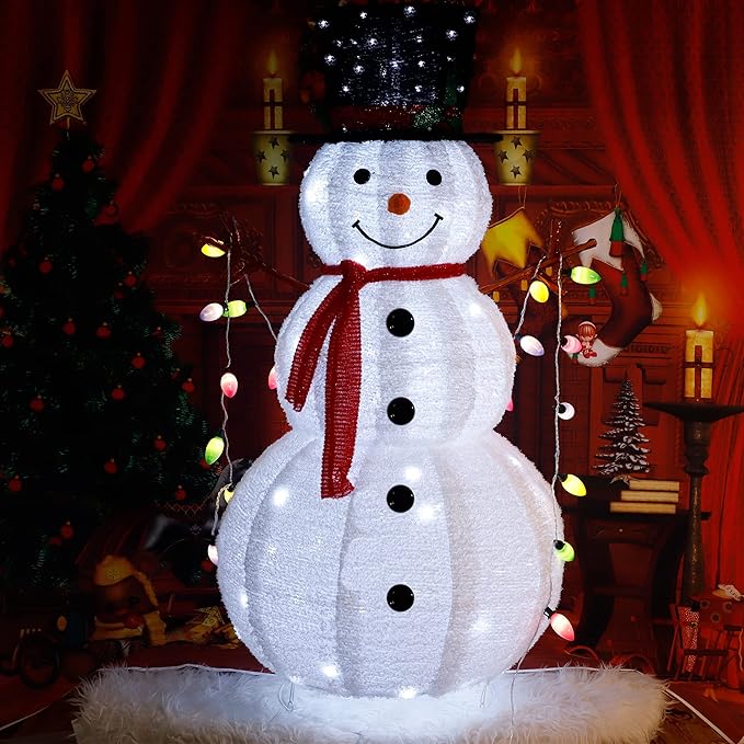 Outvita Outdoor Christmas Decorations 4ft Lighted Snowman, White Snowman with Twinkle Lights Red Scarf Black Hat & Colorful Lights, Foldable Snowman for Xmas Indoor and Outdoor Garden, Yard Decor