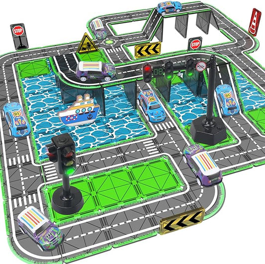 Magnetic Tiles Road Set with Pullback Car & Magnet Ship,Traffic Themed Magnetic Building Tiles Set with Traffic Light,STEM Magnet Tile for Kids Ages 3-5 4-8 5-7,Preschool Educational Kids Toys Gift