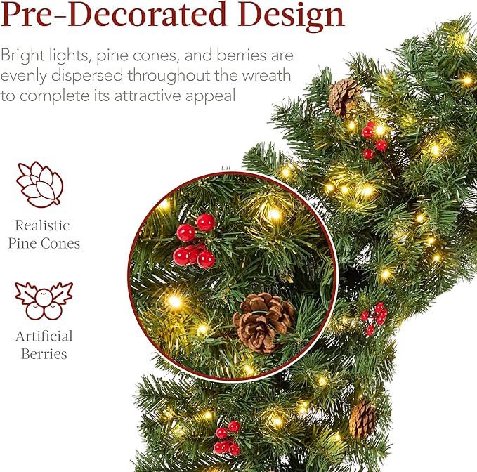 Best Choice Products 60in Pre-Lit Christmas Wreath w/Berries & Pinecones, Large Artificial Indoor/Outdoor Decor for Door, Mantel w/Red Bow, Plug-in