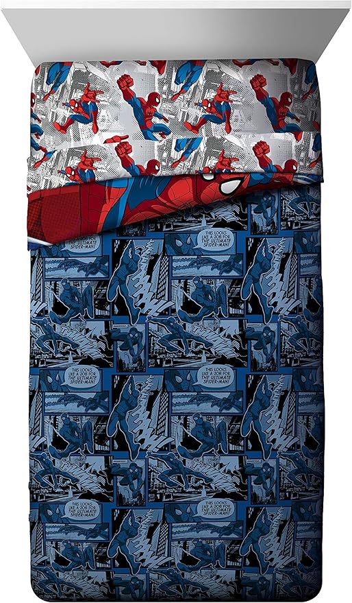 Jay Franco Marvel Spiderman Burst 4 Piece Twin Bed Set - Includes Reversible Comforter & Sheet Set - Bedding - Super Soft Fade Resistant Microfiber - (Official Marvel Product)