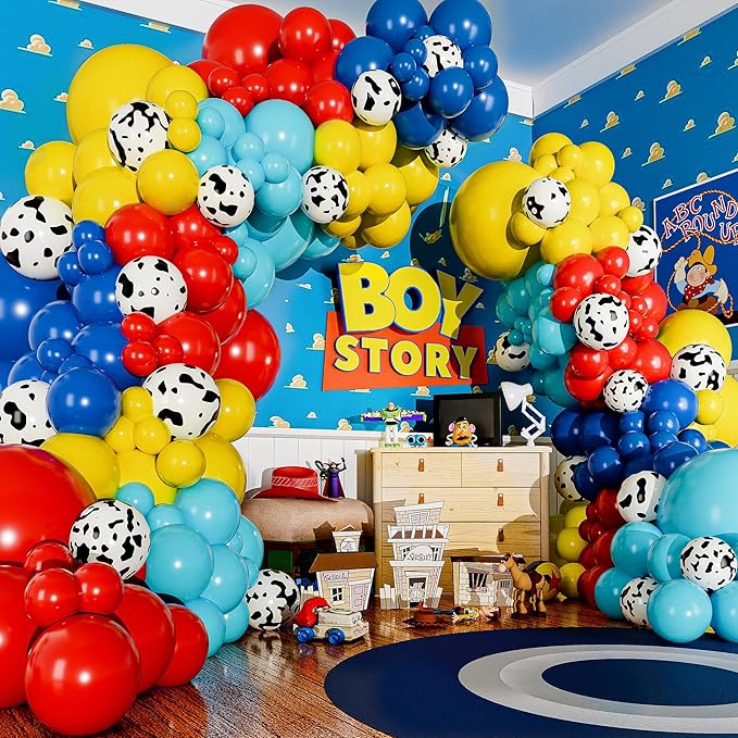 ALL-IN-1 Toy Story Balloons Garland Kit & Arch for Toy Story Birthday Party and Baby Shower Decorations - Toys Story Balloons Latex with Cow Pattern for Woody and Buzz Lightyear Theme Supplies