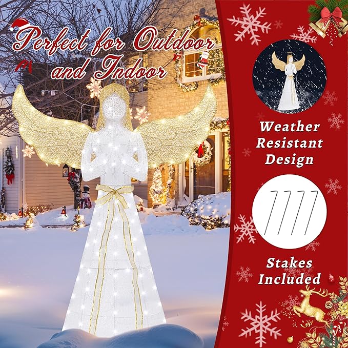 Shintenchi 5FT Lighted Christmas Angel, Outdoor Christmas Holiday Decoration, Pre-lit 3D Glittered Angel with 110 2 Color LED Lights and Ground Stakes, Zip Ties