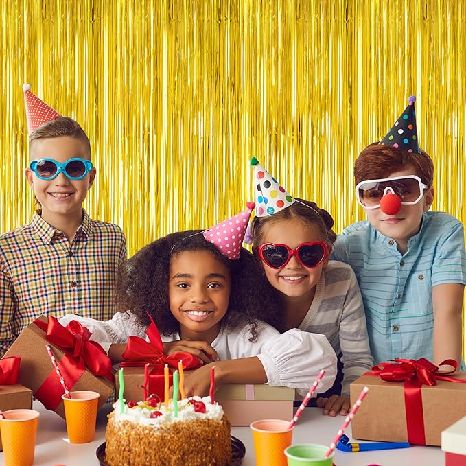 2 Pack Gold Tinsel Backdrop, 3.28 FT x 7.05 FT Metallic Fringe Curtain, Gold Color Graduation Backdrop Party Streamers, Party Supplies Door Decorations for Birthday Anniversaries