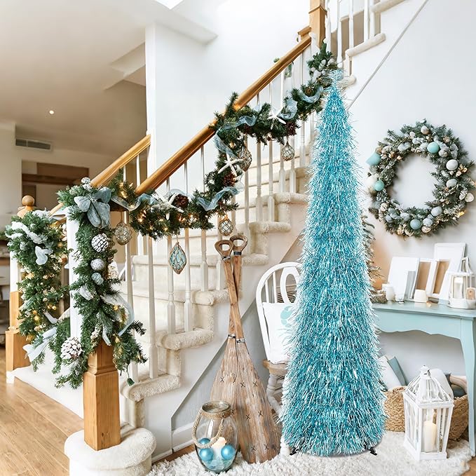 5FT Christmas Trees with 90 Lights, Collapsible Artificial Sequin Pop Up Christmas Tree, Tinsel Slim Pencil Christmas Tree for Home Holiday Fireplace Party Indoor Outdoor Xmas Decorations