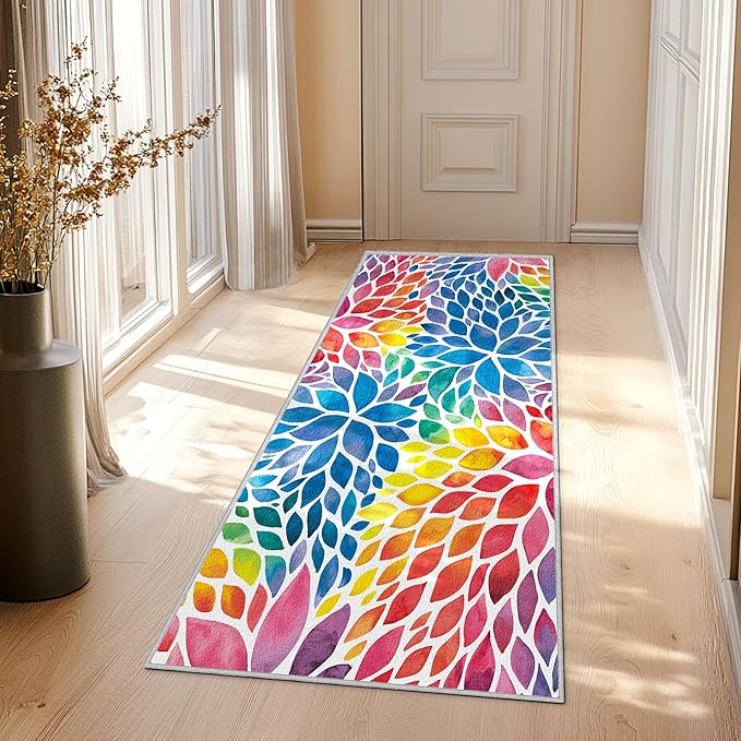 Abstract Colorful Hallway Runner Rugs, 2x6 Rug Modern Rainbow Dahlia Floral Rugs Multicolor Area Rugs, Non-Slip Machine Washable Floor Carpet for Kitchen Entryway Living Room Laundry Office