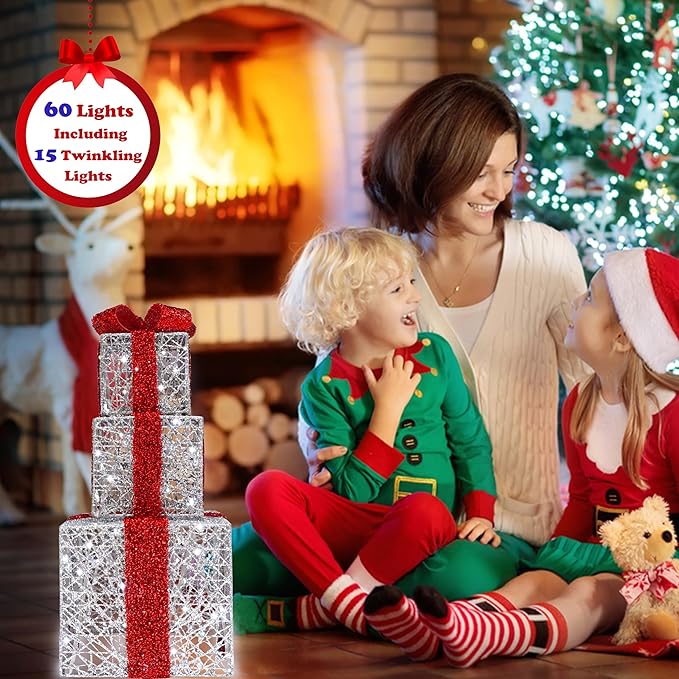 Lighted Gift Box Set of 3, Silver Boxes with Red Bow, Prelit 60 White Lights Present Boxes Lighted Display with Plug Home Porch Outdoor Yard Christmas Decorations-Red