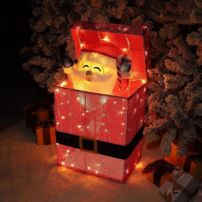 Light Up Electric Santa Claus Decor with 100 LED Lights, 3D Pre-Lit Animated Santa Claus for Xmas Decoration, 14" L x 10" W x 27" H Freestanding Glittered Display for Outdoor, Indoor