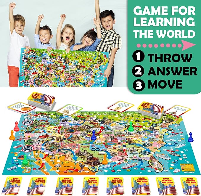 QUOKKA Board Game 1 to 10 Players - Learning, Educational - Geography, United States - 120 Question Cards, Top Facts - Indoor, Outdoor - Kids, Teens, Adults, Family