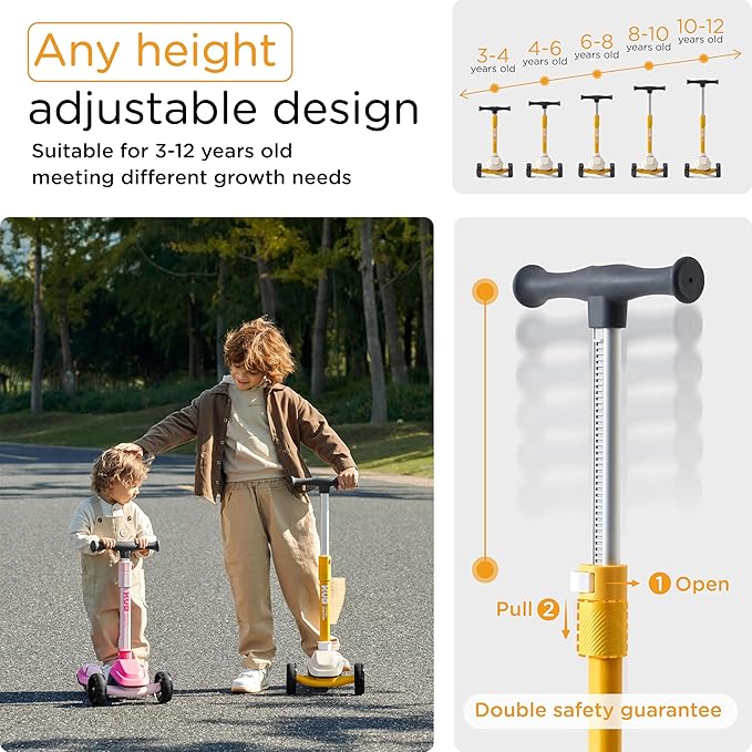 Kids Scooter, 3 LED Lighted Wheels, Any Height Adjustable Handlebar & Lean-to-Steer, Anti-Slip Deck, Easy-Fold Mechanism, Three-Wheel Scooter for Kids Ages 3-14