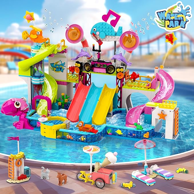 HOGOKIDS Friends Water Park Building Set, 911PCS Summer Fun Party Toy with 5 Water Slides, Creative Swimming Pool Block with Diving Platform & Bike Cart, Pretend Play Gift for Girls Boys Kid Age 8-12+