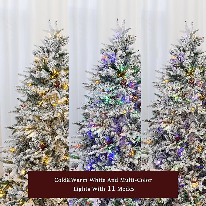 6FT Artificial Christmas Tree with 300 Multi-Colored String Lights with 11 Modes, Prelit Christmas Tree with Red Berry, Xmas Tree with Foldable Stand Christmas Decorations Decor