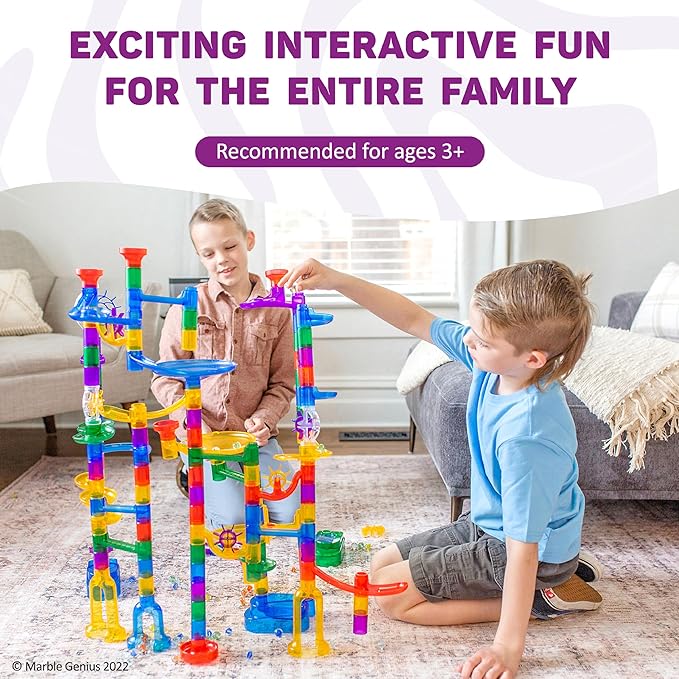 Marble Genius Marble Run - 150 Complete Pieces Maze Track Easter Toys for Adults, Teens, Toddlers & Kids Aged 4-8 Years Old, (85 Translucent Marbulous Pieces + 65 Glass-Marble Set), Super Set