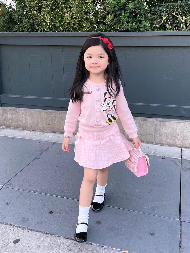 Disney Frozen Elsa Stitch Princess Moana Minnie Toddler Girl 2 Piece Outfit Kid Pearl Button Knit Top & Tweed Skirt Set 2-13Y