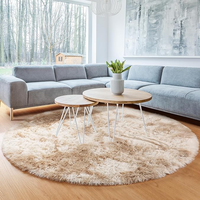 ONASAR Tie-Dye Beige Round Area Rug 4ft, Soft Bedroom Circle Rugs Floor Mats for Kids Girls Teen Room, Kawaii Fluffy Plush Shaggy Carpet for Baby Nursery Living Room Playroom Home Decor