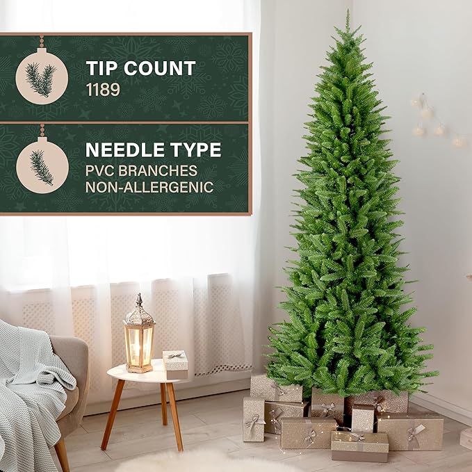 Fraser Hill Farm 7.5-Ft. Winter Falls Slim Artificial Christmas Tree with Stand and No Lights, Unlit Foldable Christmas Tree with Realistic Foliage for Home Decoration