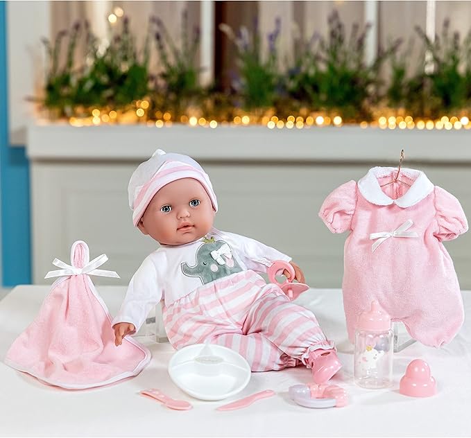 15" Realistic Soft Body Baby Doll with Open/Close Eyes | JC Toys - Berenguer Boutique | 10 Piece Gift Set with Bottle, Rattle, Pacifier & Accessories | Pink | Ages 2+