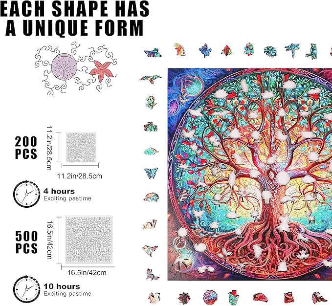 Wooden Puzzles, Mandala Tree of Life 200 Piece Puzzles for Adults and Kids, Unique Shaped Animal Wooden Jigsaw Puzzle for Birthday Gift, Family Game 11.2 x 11.2 Inch