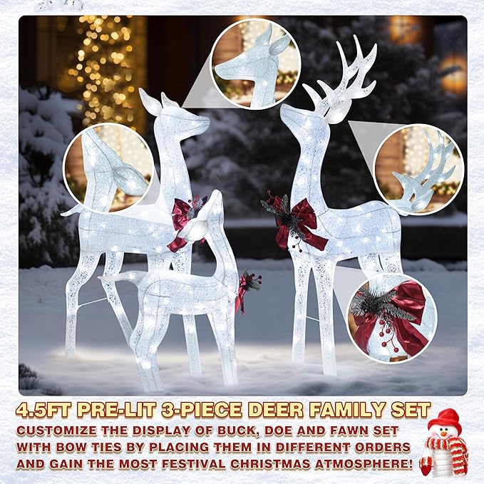 4.5FT Lighted Reindeer Family Set for Christmas Decoration, 3 Pieces Pre-Lit Iridescent Deer Xmas Decor with 200 LED Lights, 3D Glittered Standing Holiday Display for Outdoor, Indoor, White