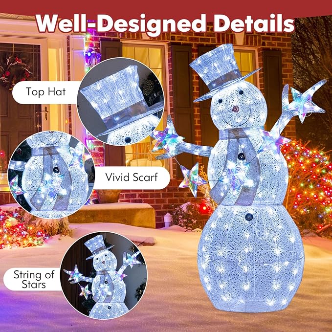 Tangkula 5 FT Christmas Lighted Snowman with Stars, Lighted Christmas Decoration with 140 Cold White LED Bulbs, Ground Stakes & Zip Ties Included, Xmas Festive Decoration for Indoor & Outdoor