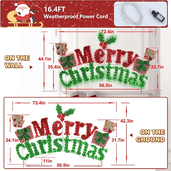 6FT Merry Christmas Sign for Decoration, 2-in-1 Pre-Lit Holiday Greeting Sign Decor with 456 LED Lights, Freestanding or Hanging Glittered Holiday Display for Outdoor, Indoor