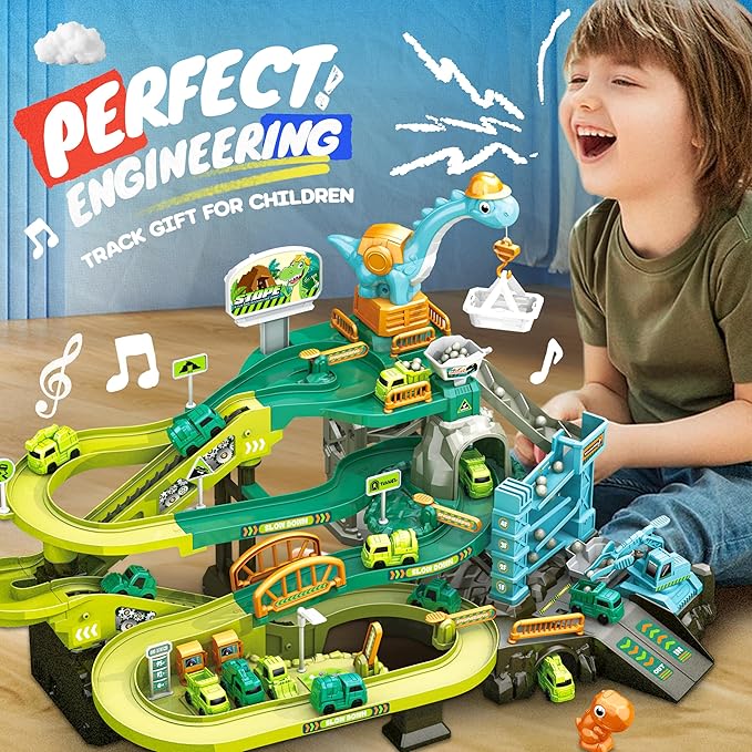 Race Tracks for Kids Ages 3-5, SMILESSKIDDO 73 PCS Dinosaur Car Tracks Toys Gifts for Boys Kids with Music and Engineering Scene Simulation, Construction Car Toddler Boy Toys Gift for Ages 3+