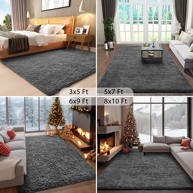 Ophanie Area Rugs for Bedroom Living Room, Grey Fluffy Fuzzy Shag Shaggy Soft Plush Carpet, 4x6 Indoor Floor Gray Rug for Kids Home Dorm Decor Aesthetic