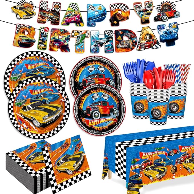 194pcs Birthday Party Decorations Supplies Race Car Plates Napkins Banner Tablecloth Disposable Parper Cups Straws Tableware Set for Kids Boys Birthday Decor 24 Guests