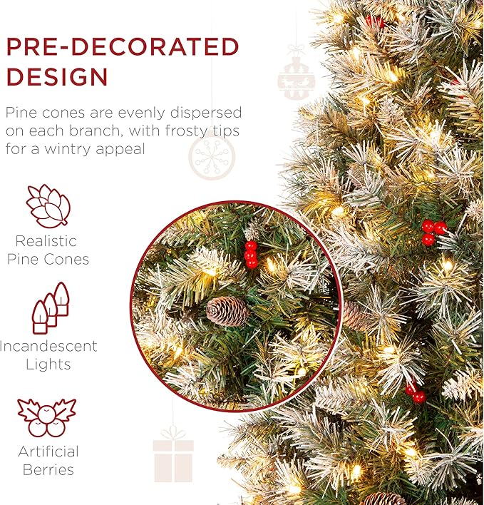 Best Choice Products 6ft Pre-Lit Pencil Christmas Tree, Partially Flocked Pre-Decorated for Home, Skinny Frosted Holiday Tree w/ 618 Tips, 250 Lights, Pine Cones, Metal Hinges & Base