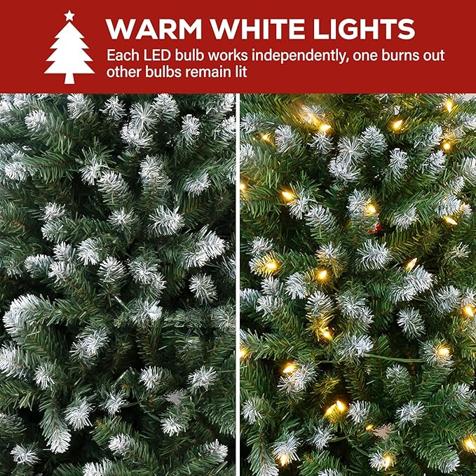 Hykolity 6 ft Prelit Christmas Tree with 250 LED Warm White Lights, Partially Snow Flocked Artificial Tree, 1032 PVC Branches, Metal Stand and Hinged Branches, Holiday Decoration for Home