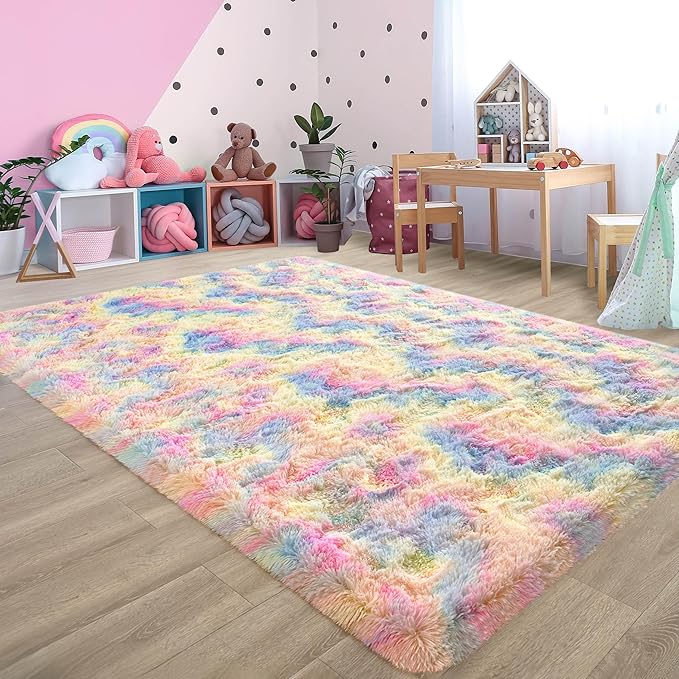 5x8 Rainbow Fluffy Rug for Girls Bedroom Soft Carpet, Large Unicorn Rainbow Rug Cute Shag Rugs for Living Room Classroom Baby Toddler Kids Girls Room Nursery Dorm, Colorful Kawaii Home Decor