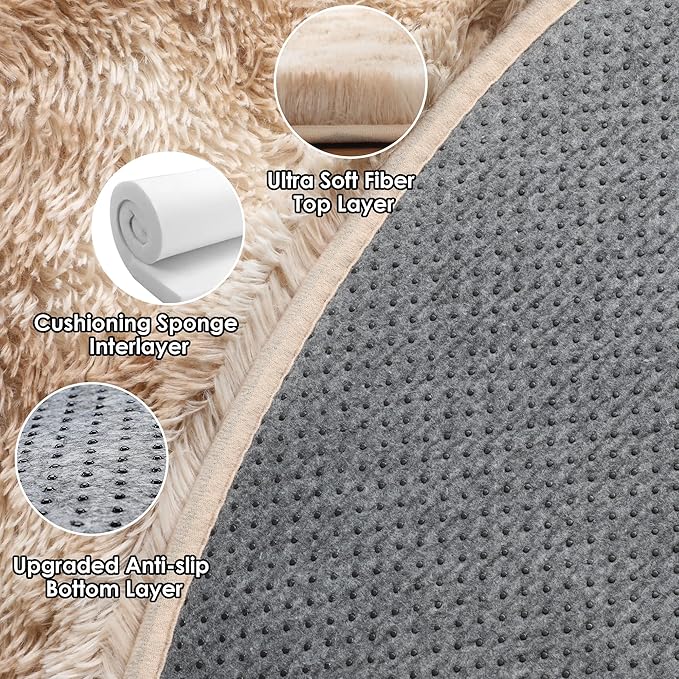 ONASAR Tie-Dye Beige Round Area Rug 4ft, Soft Bedroom Circle Rugs Floor Mats for Kids Girls Teen Room, Kawaii Fluffy Plush Shaggy Carpet for Baby Nursery Living Room Playroom Home Decor