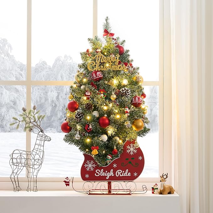 3FT Small Christmas Tree, Artificial Christmas Tree with 78 LED Lights & Bobsleigh Base, Prelit Mini Tree for Christmas Decor, Tabletop Christmas Tree, 8 Modes Remote Control, Timer Battery Operated