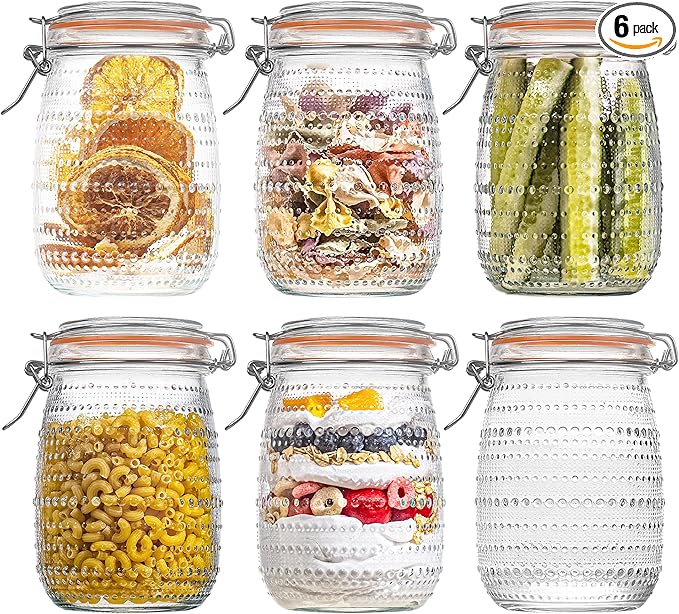 32 Oz Glass Mason Jars with Airtight Lids 6 Pack, Wide Mouth Canning Jars with Clip Top Lids for Kitchen Storage Pickling Salad Jams Coffee Beans
