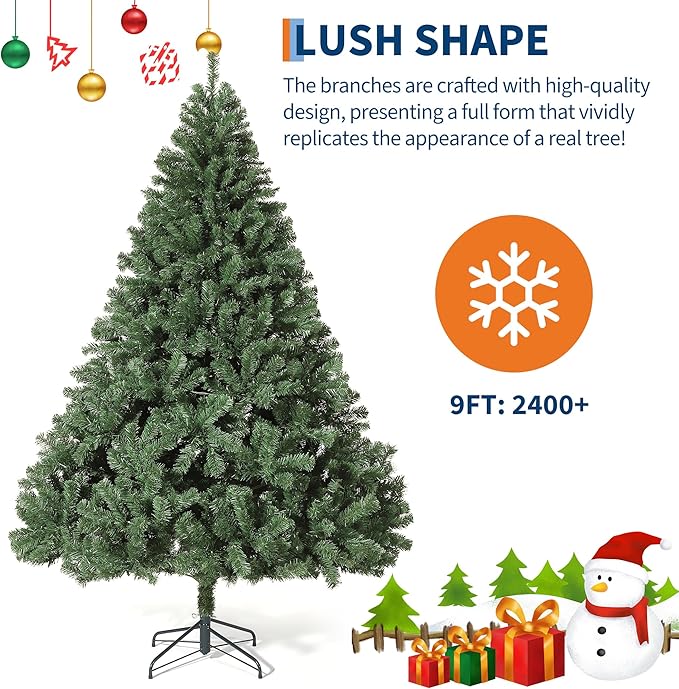 9ft Artificial Christmas Tree, Premium Spruce Hinge Material, Holiday Christmas Tree with Metal Hinges and Collapsible Base for Home Gatherings and Office Decorations