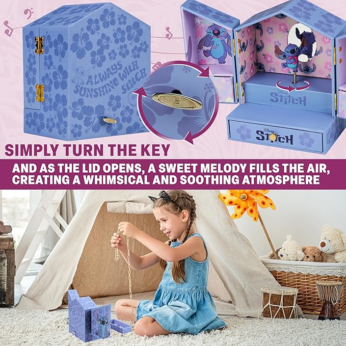 Get Trend Disney Stitch Musical Jewelry Box for Girls with Mirror, Drawers, and Wind Up Music, Jewelry Organizer for Rings, Charms, Gifts for Girls (Blue Stitch)