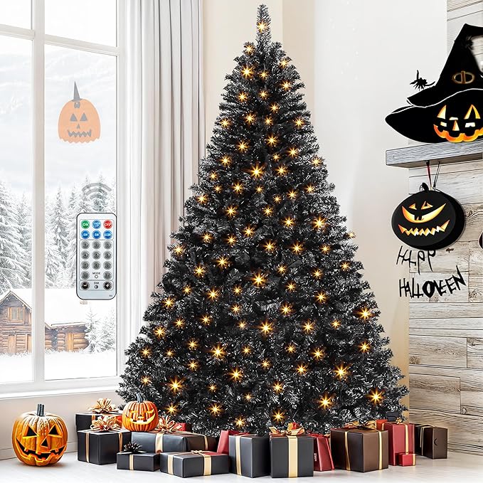 DWVO 6ft Pre-lit Black Christmas Tree with Lights, Prelit Halloween ChristmasTtrees with 818 Tips & 250 UL Listed Lights, Automatic Branches & Easy Assembly with Remote Control for Home Party