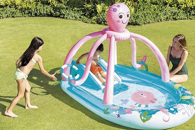 INTEX Friendly Octopus Inflatable Kiddie Pool: Inflatable Kids Pool with Water Sprayer and Slide – Splash Pad – 92" x 72" x 59" – Ages 3+