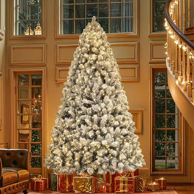 HOLLO STAR 9 ft Flocked Prelit Christmas Tree with 753 LED Lights, App Control, Artificial Christmas Tree, Multi-Color RGBW Lights, 2100 Branch Tips, Snow Xmas Tree, for Home, Party